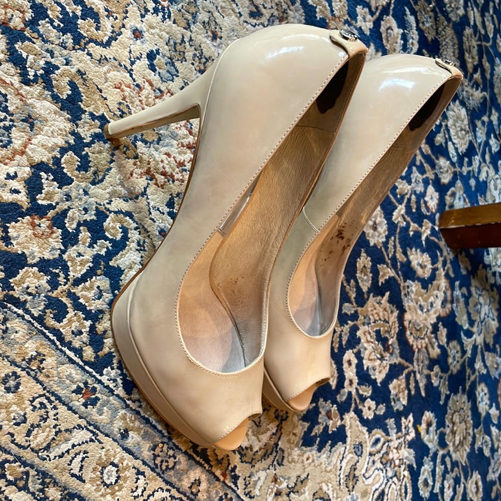 Michael Kors Patent Leather Nude, Colored Platform Open Toe, Size 9 1/2